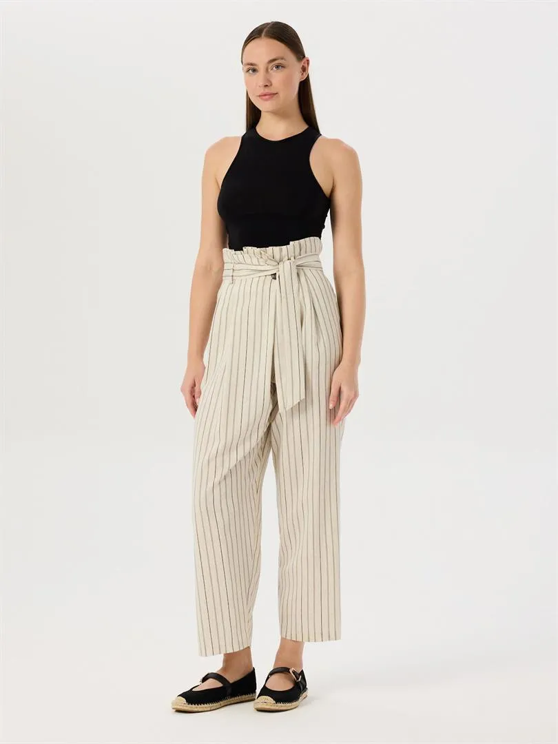 High Waist Tire-Cut Pants with Waist Belt - Striped