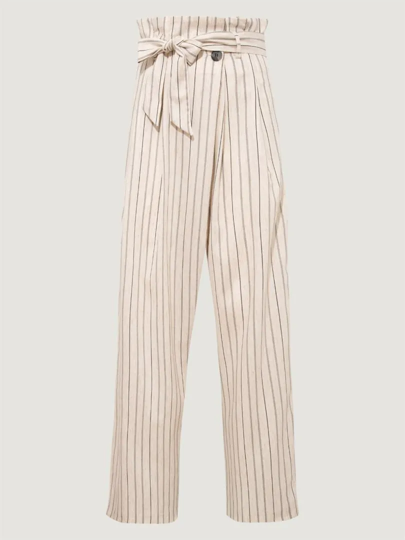 High Waist Tire-Cut Pants with Waist Belt - Striped