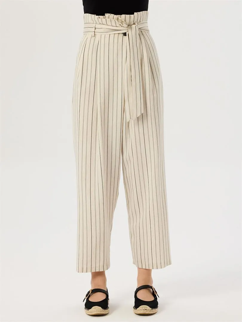 High Waist Tire-Cut Pants with Waist Belt - Striped