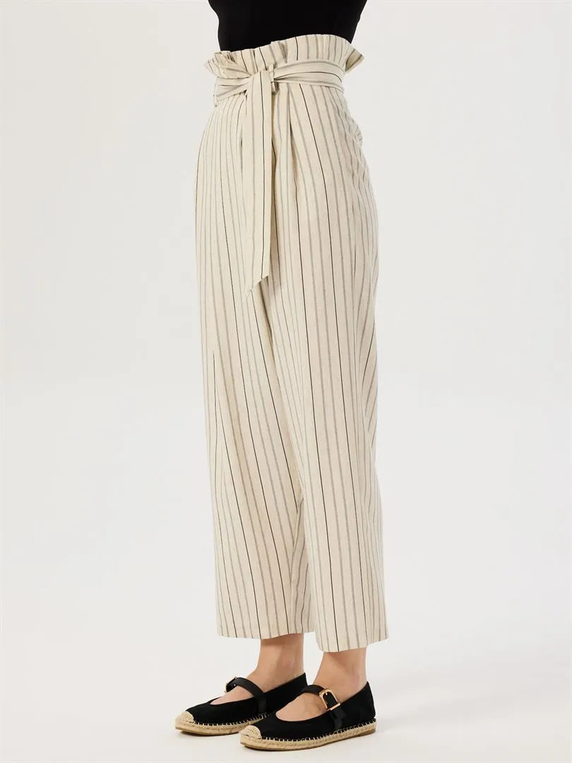 High Waist Tire-Cut Pants with Waist Belt - Striped