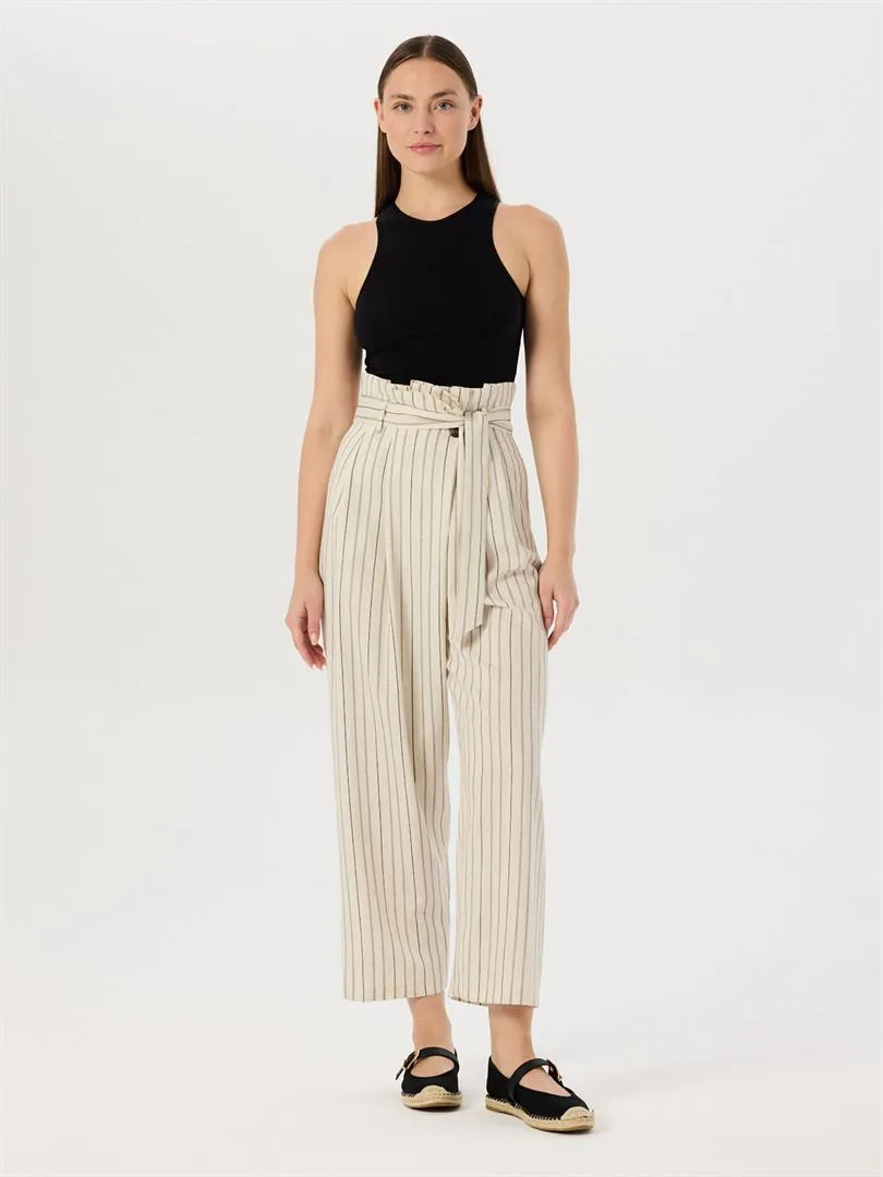 High Waist Tire-Cut Pants with Waist Belt - Striped