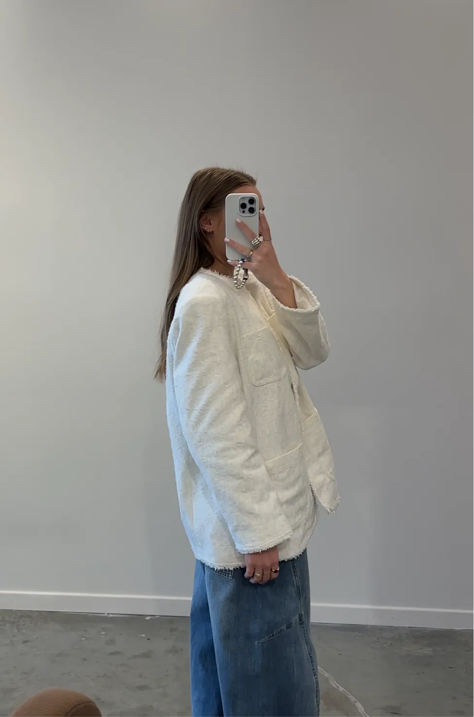 Ivory Tweed Long Button Down Jacket