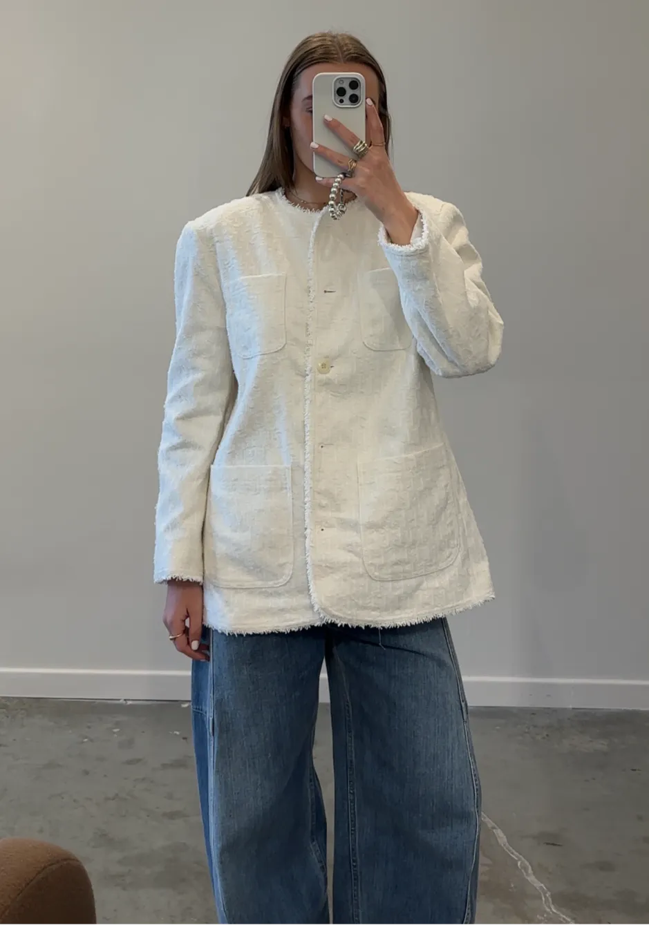 Ivory Tweed Long Button Down Jacket
