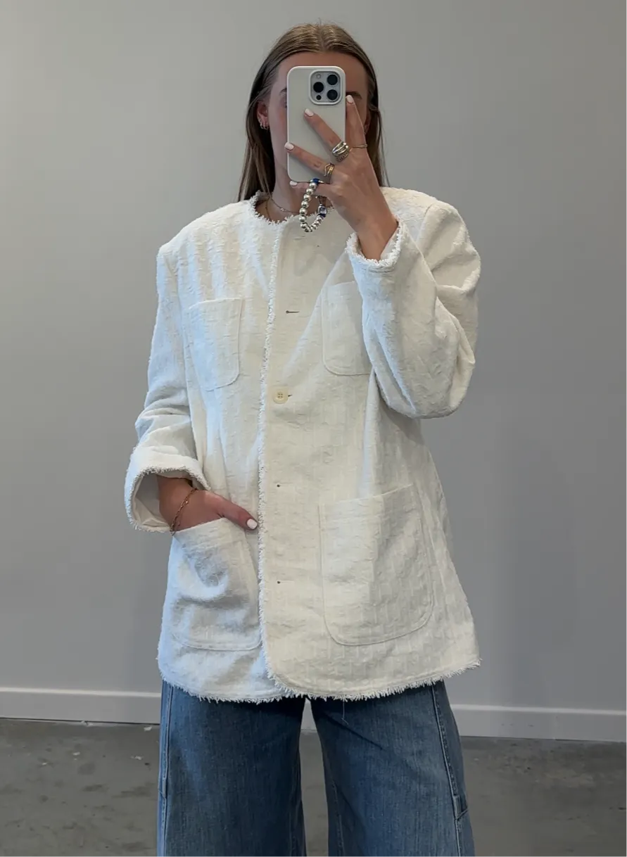 Ivory Tweed Long Button Down Jacket