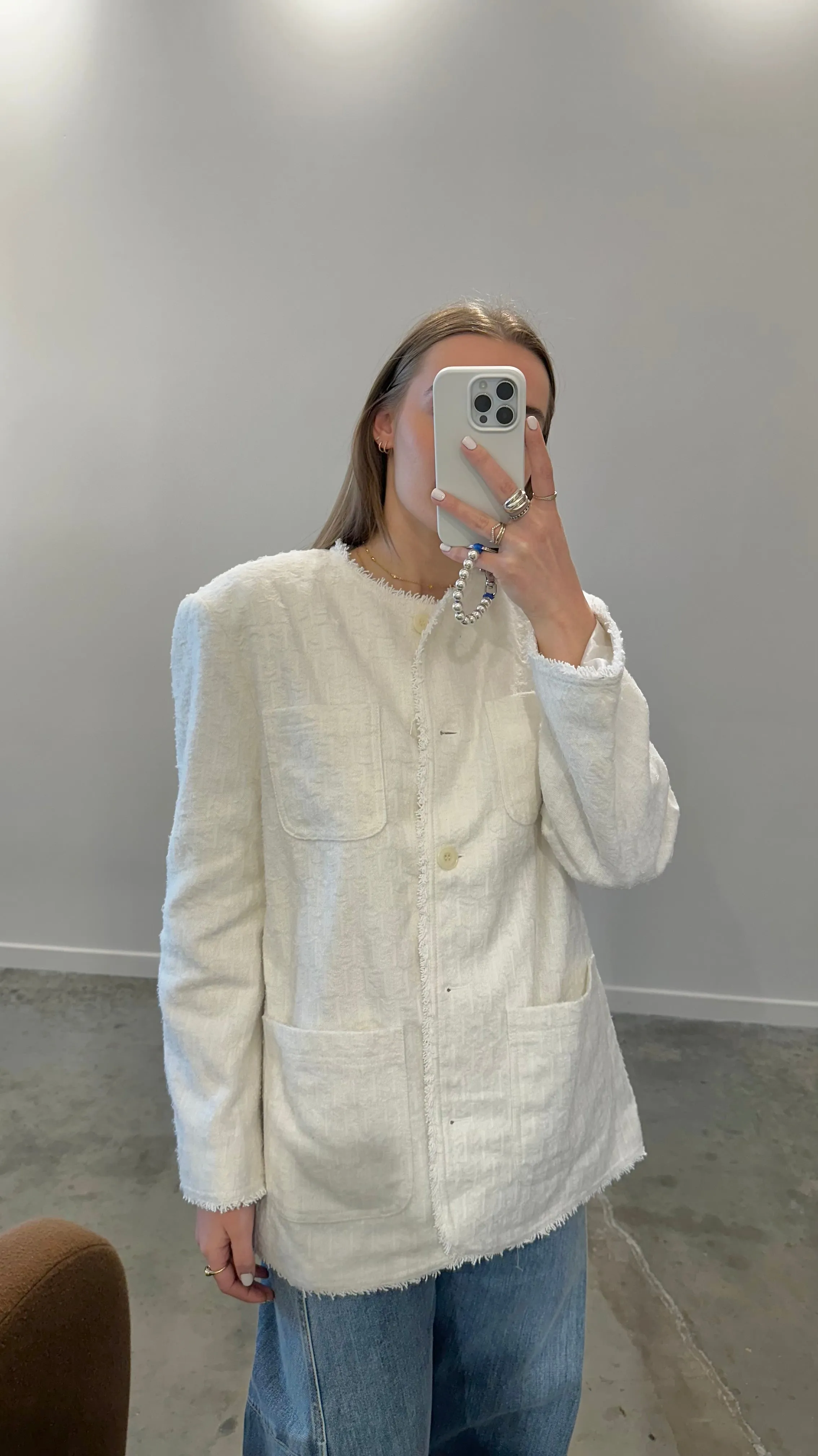 Ivory Tweed Long Button Down Jacket