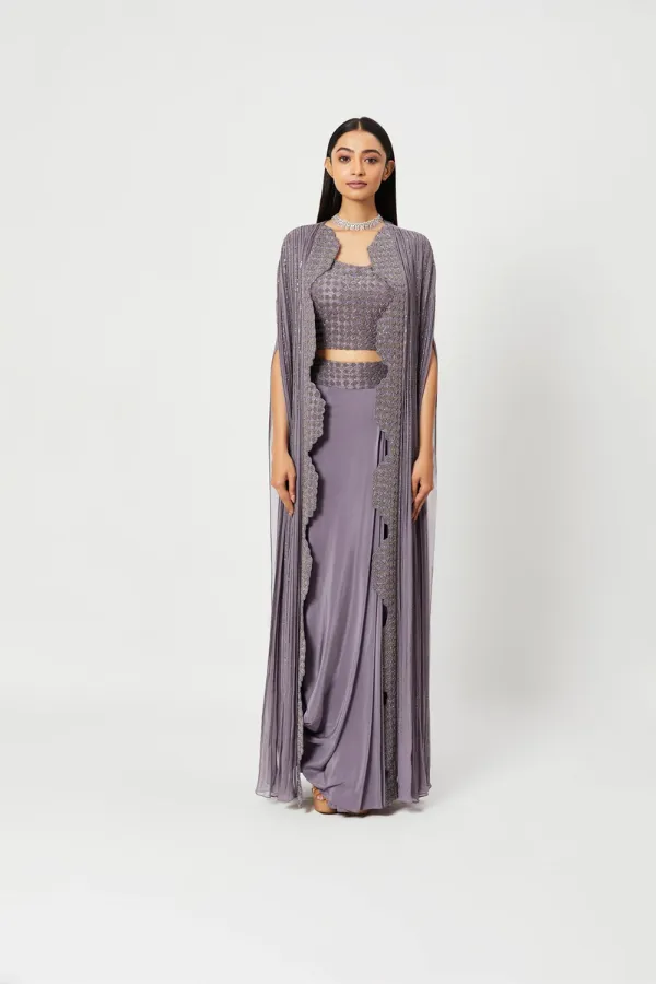 Lilac Pleated Skirt With Embroidered Cape And Blouse