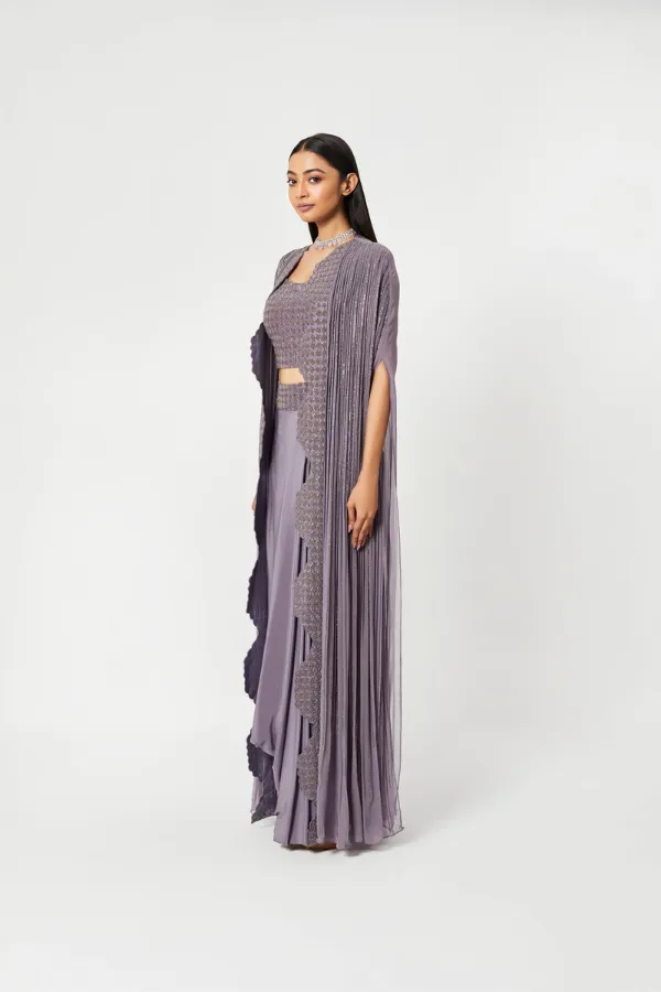 Lilac Pleated Skirt With Embroidered Cape And Blouse