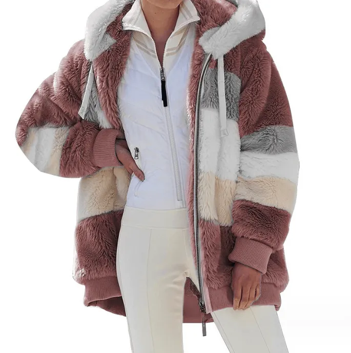 Loose Plush Multicolor Hooded Jacket