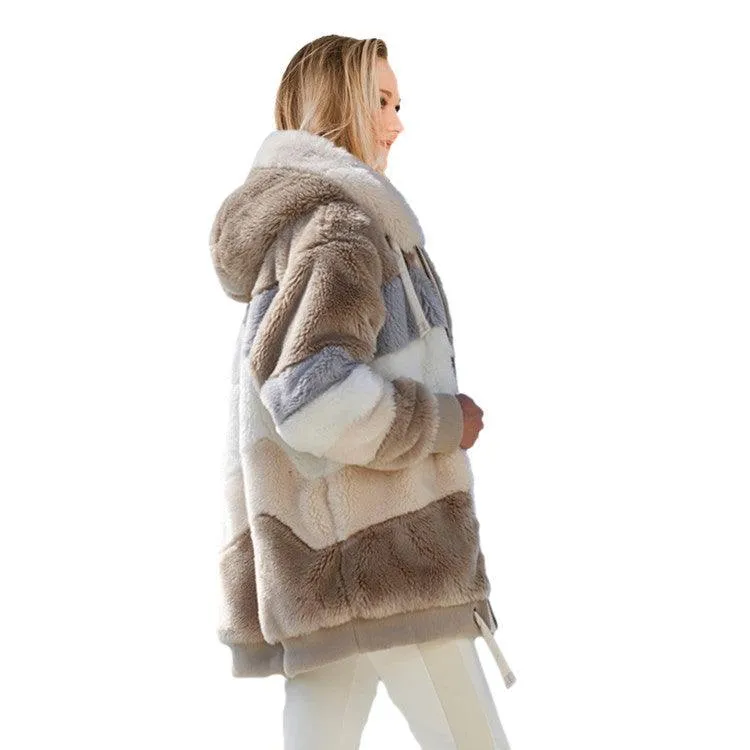 Loose Plush Multicolor Hooded Jacket