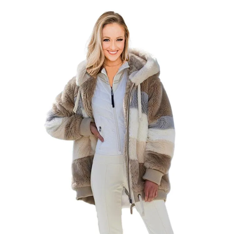 Loose Plush Multicolor Hooded Jacket