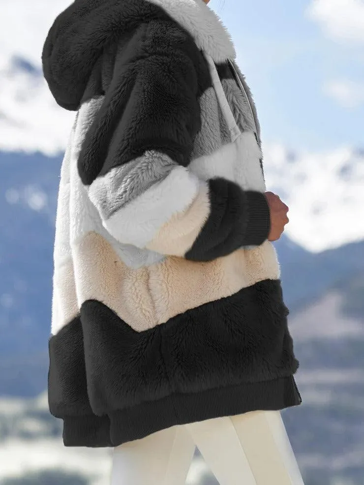 Loose Plush Multicolor Hooded Jacket