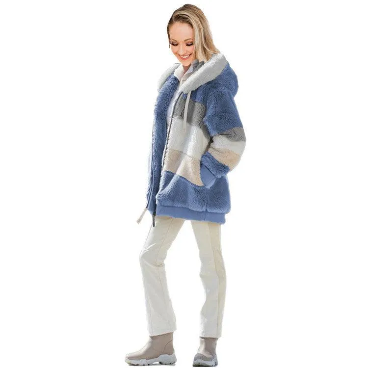 Loose Plush Multicolor Hooded Jacket