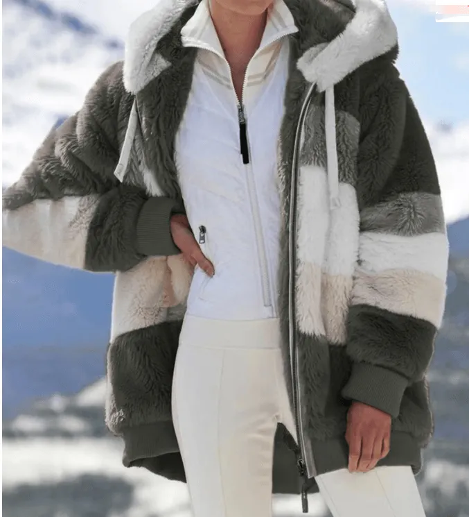Loose Plush Multicolor Hooded Jacket
