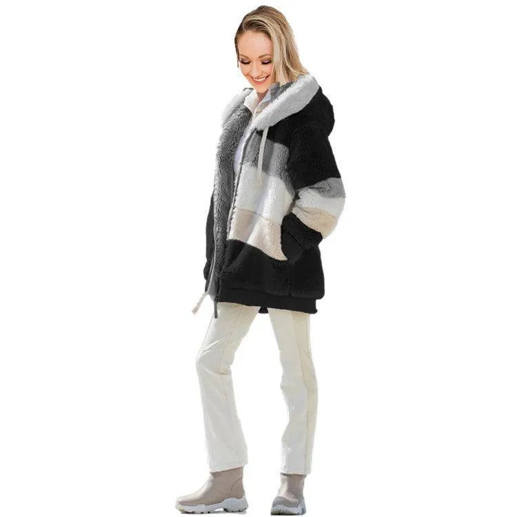 Loose Plush Multicolor Hooded Jacket
