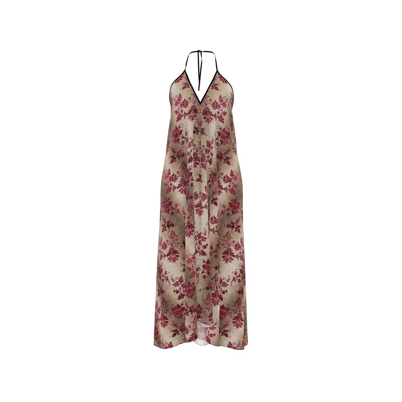 Maroon Floral Halterneck Backless dress in Silk or Satin