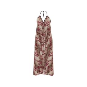 Maroon Floral Halterneck Backless dress in Silk or Satin