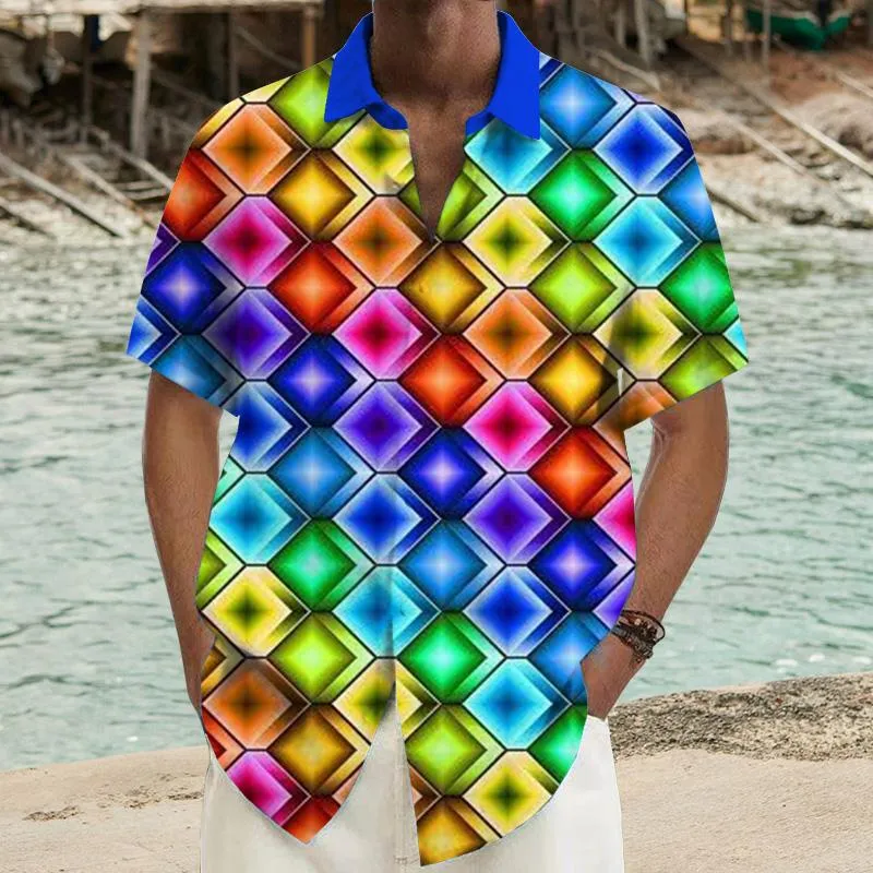 Men's Colorful Cube Printed Short-Sleeved Shirt 85318159YY