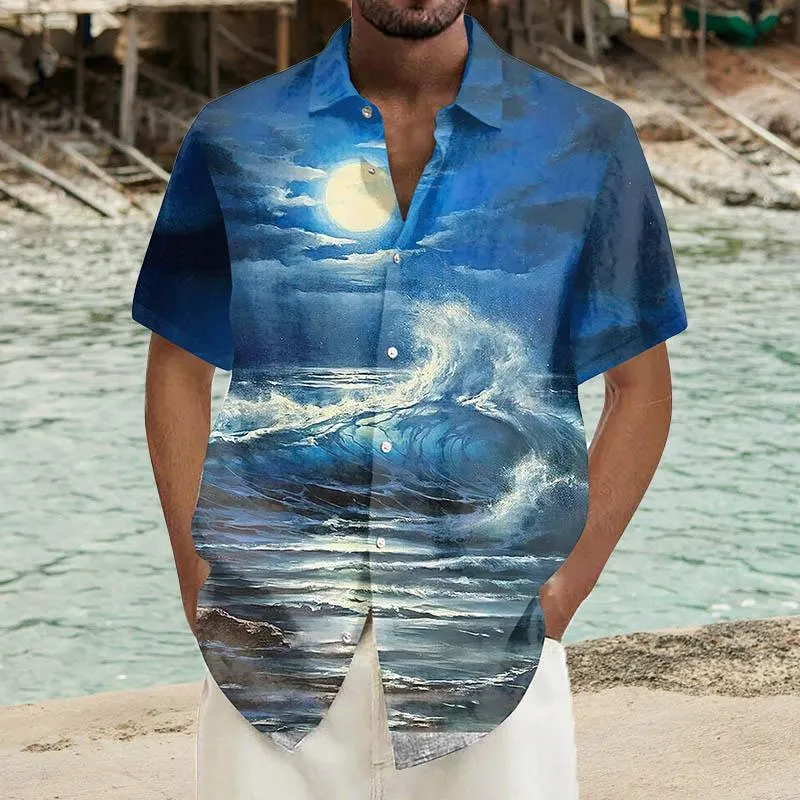 Men's Ramie Casual Mystery Wave Printed Short-Sleeved Shirt 85827444YY