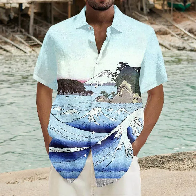 Men's Ramie Casual Mystery Wave Printed Short-Sleeved Shirt 85827444YY
