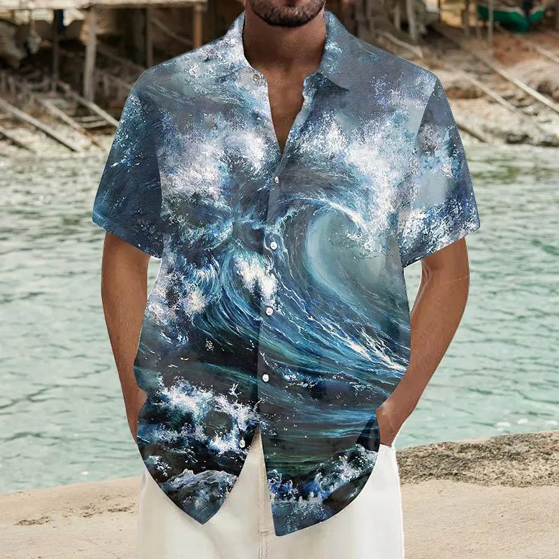 Men's Ramie Casual Mystery Wave Printed Short-Sleeved Shirt 85827444YY