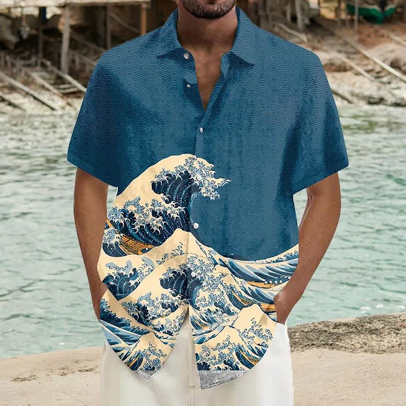 Men's Ramie Casual Mystery Wave Printed Short-Sleeved Shirt 85827444YY