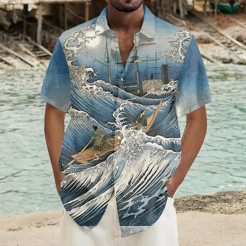 Men's Ramie Casual Mystery Wave Printed Short-Sleeved Shirt 85827444YY