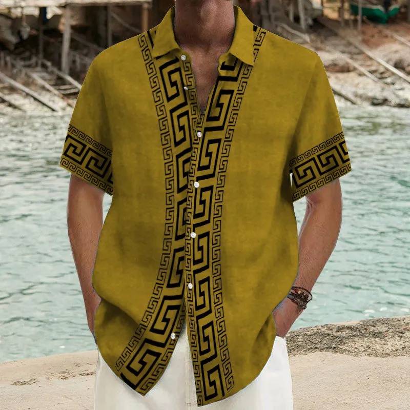 Men's Ramie Casual Temperament Printed Short-Sleeved Shirt 54077455YY