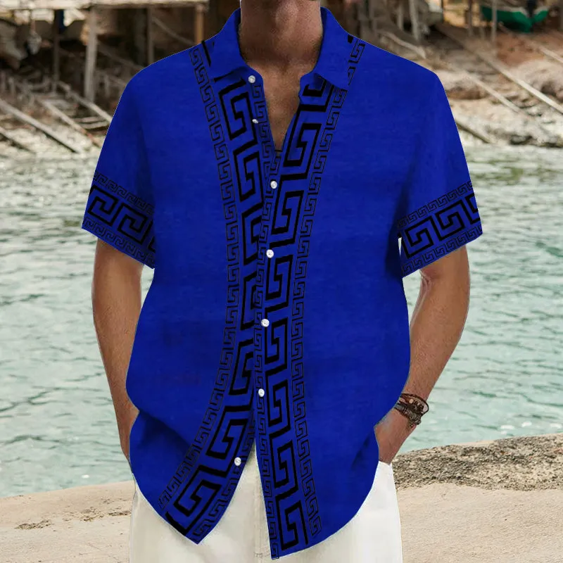 Men's Ramie Casual Temperament Printed Short-Sleeved Shirt 54077455YY