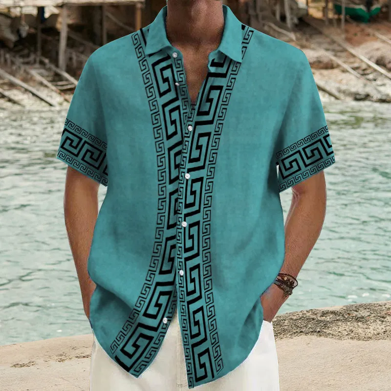 Men's Ramie Casual Temperament Printed Short-Sleeved Shirt 54077455YY