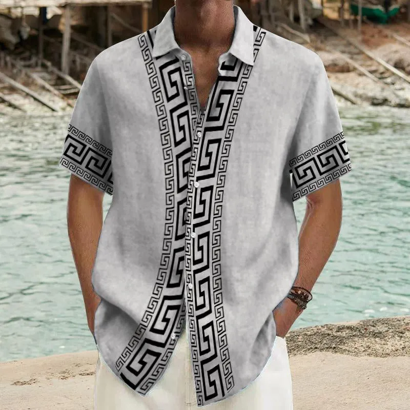 Men's Ramie Casual Temperament Printed Short-Sleeved Shirt 54077455YY