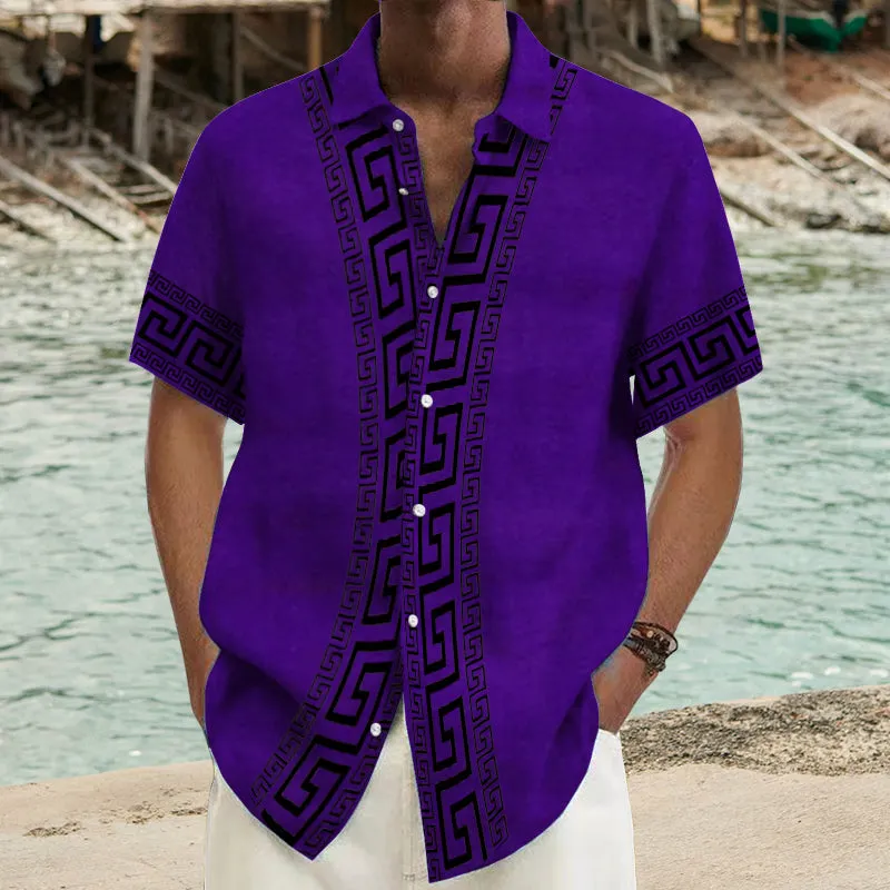 Men's Ramie Casual Temperament Printed Short-Sleeved Shirt 54077455YY