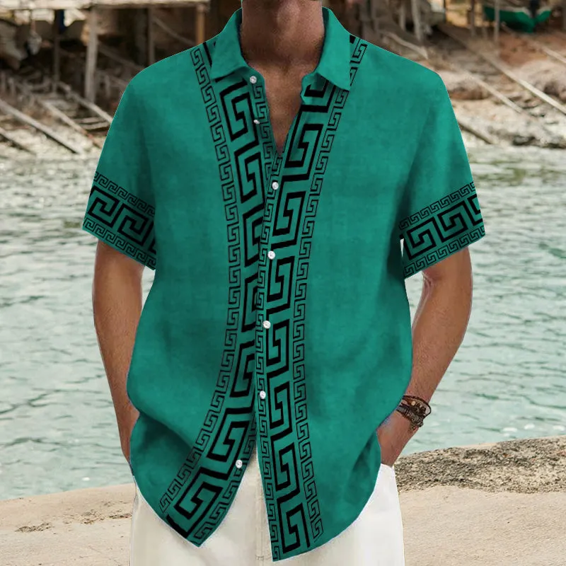 Men's Ramie Casual Temperament Printed Short-Sleeved Shirt 54077455YY