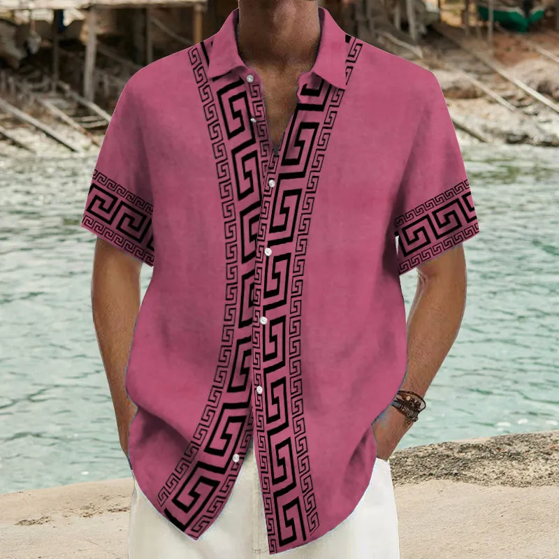 Men's Ramie Casual Temperament Printed Short-Sleeved Shirt 54077455YY