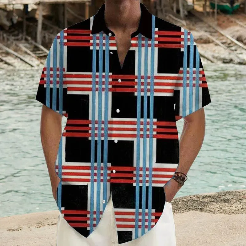 Men's Ramie Classic Plaid Short-Sleeved Shirt 56150694YY