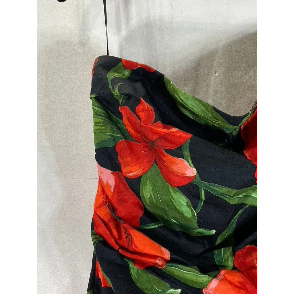 MNG By Mango Women's Black/Red Floral Print Strapless Bodycon Mini Dress SZ 8