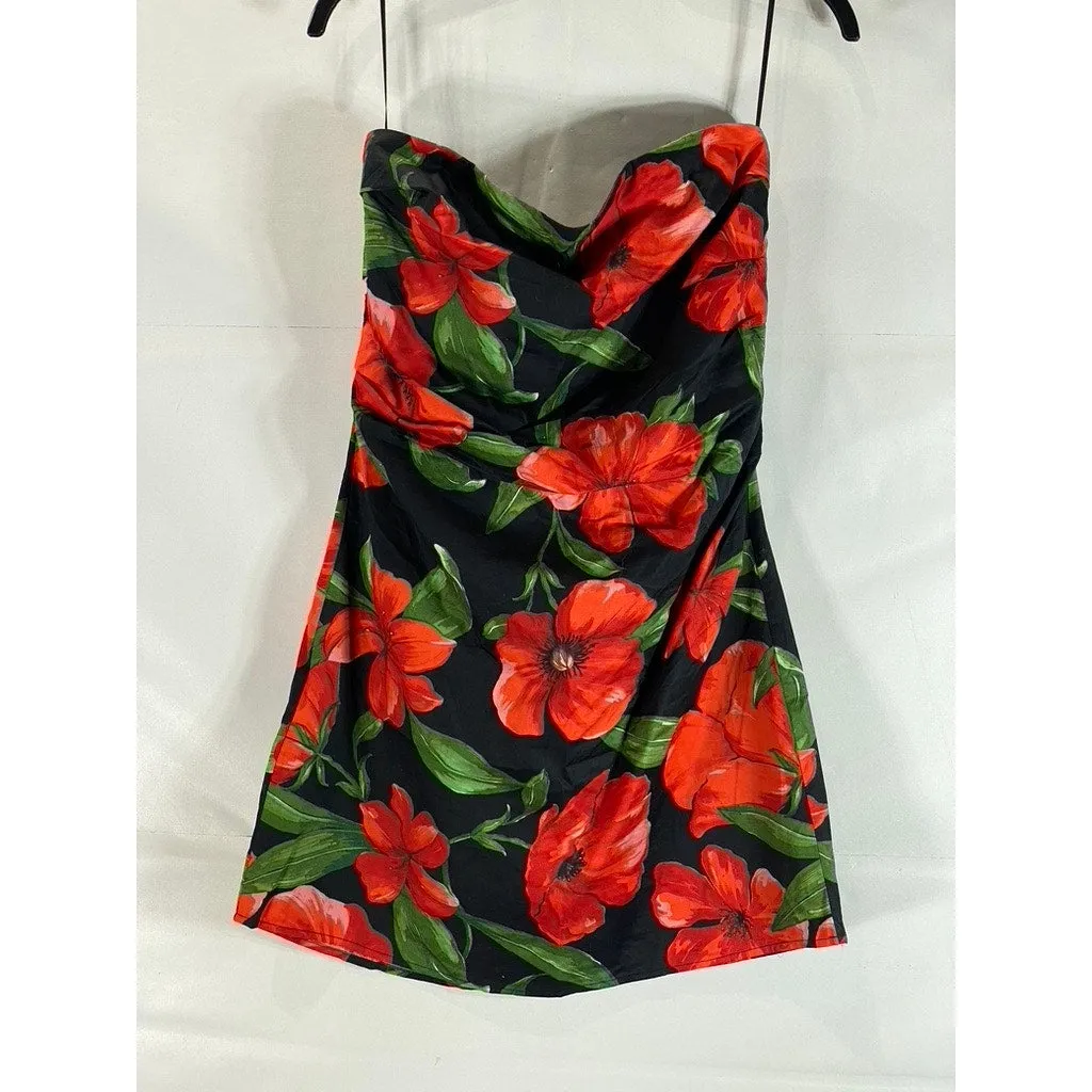 MNG By Mango Women's Black/Red Floral Print Strapless Bodycon Mini Dress SZ 8