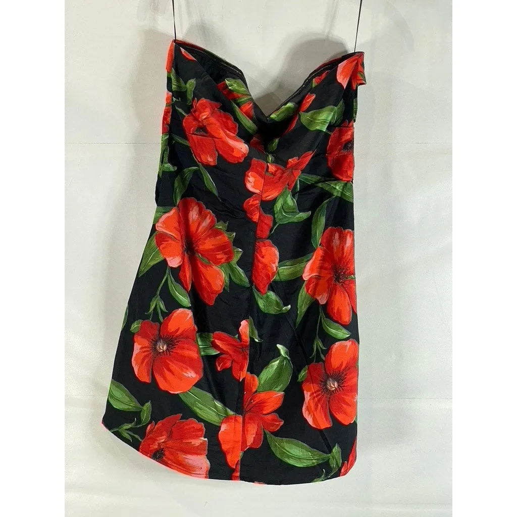 MNG By Mango Women's Black/Red Floral Print Strapless Bodycon Mini Dress SZ 8