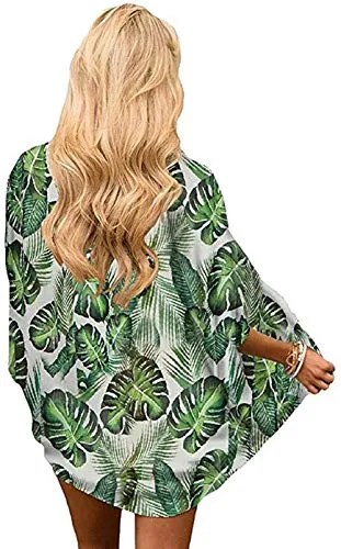 Naivikid Women's 3/4 Sleeve Floral Print Kimono Sheer Chiffon Loose Cardigan S-3XXL