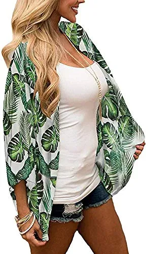 Naivikid Women's 3/4 Sleeve Floral Print Kimono Sheer Chiffon Loose Cardigan S-3XXL