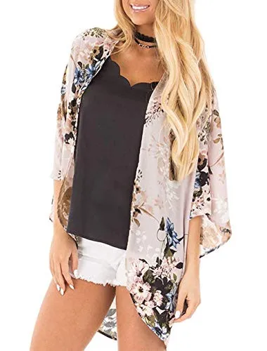 Naivikid Women's 3/4 Sleeve Floral Print Kimono Sheer Chiffon Loose Cardigan S-3XXL