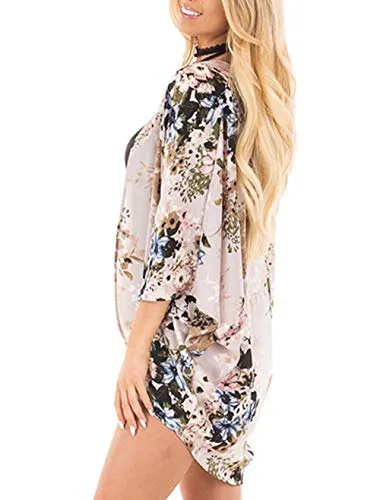 Naivikid Women's 3/4 Sleeve Floral Print Kimono Sheer Chiffon Loose Cardigan S-3XXL