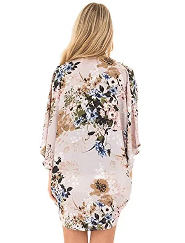 Naivikid Women's 3/4 Sleeve Floral Print Kimono Sheer Chiffon Loose Cardigan S-3XXL