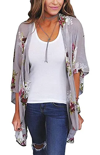Naivikid Women's 3/4 Sleeve Floral Print Kimono Sheer Chiffon Loose Cardigan S-3XXL