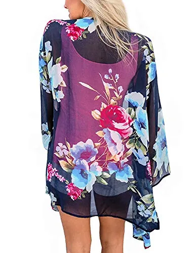 Naivikid Women's 3/4 Sleeve Floral Print Kimono Sheer Chiffon Loose Cardigan S-3XXL