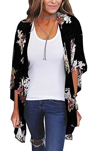 Naivikid Women's 3/4 Sleeve Floral Print Kimono Sheer Chiffon Loose Cardigan S-3XXL
