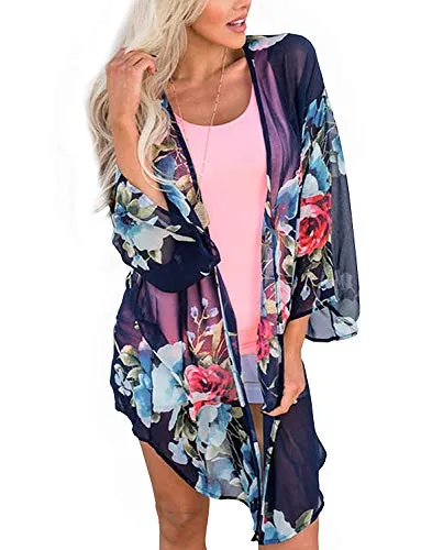 Naivikid Women's 3/4 Sleeve Floral Print Kimono Sheer Chiffon Loose Cardigan S-3XXL