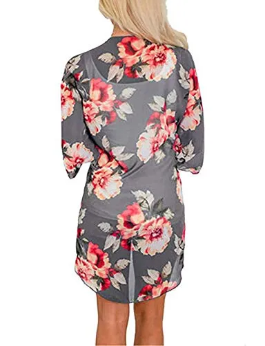 Naivikid Women's 3/4 Sleeve Floral Print Kimono Sheer Chiffon Loose Cardigan S-3XXL