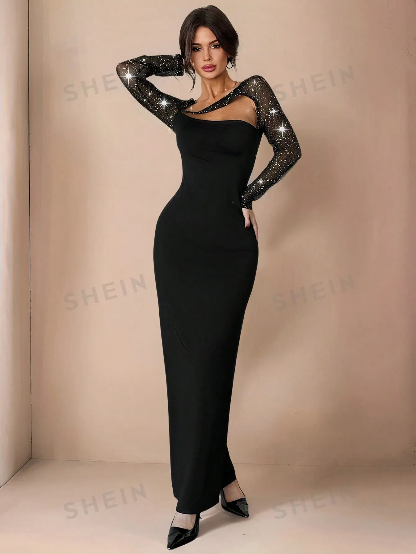 New Elegant Sexy Sequin Mesh Splicing Asymmetrical Hollow Out Black Bodycon Party Dress