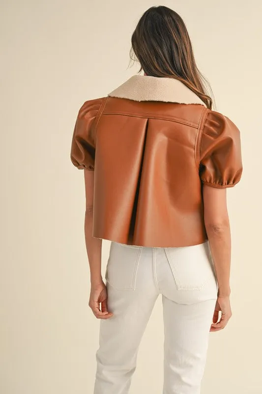 NEWEST ARRIVAL Camel Pleather Short Puff Sleeve Jacket