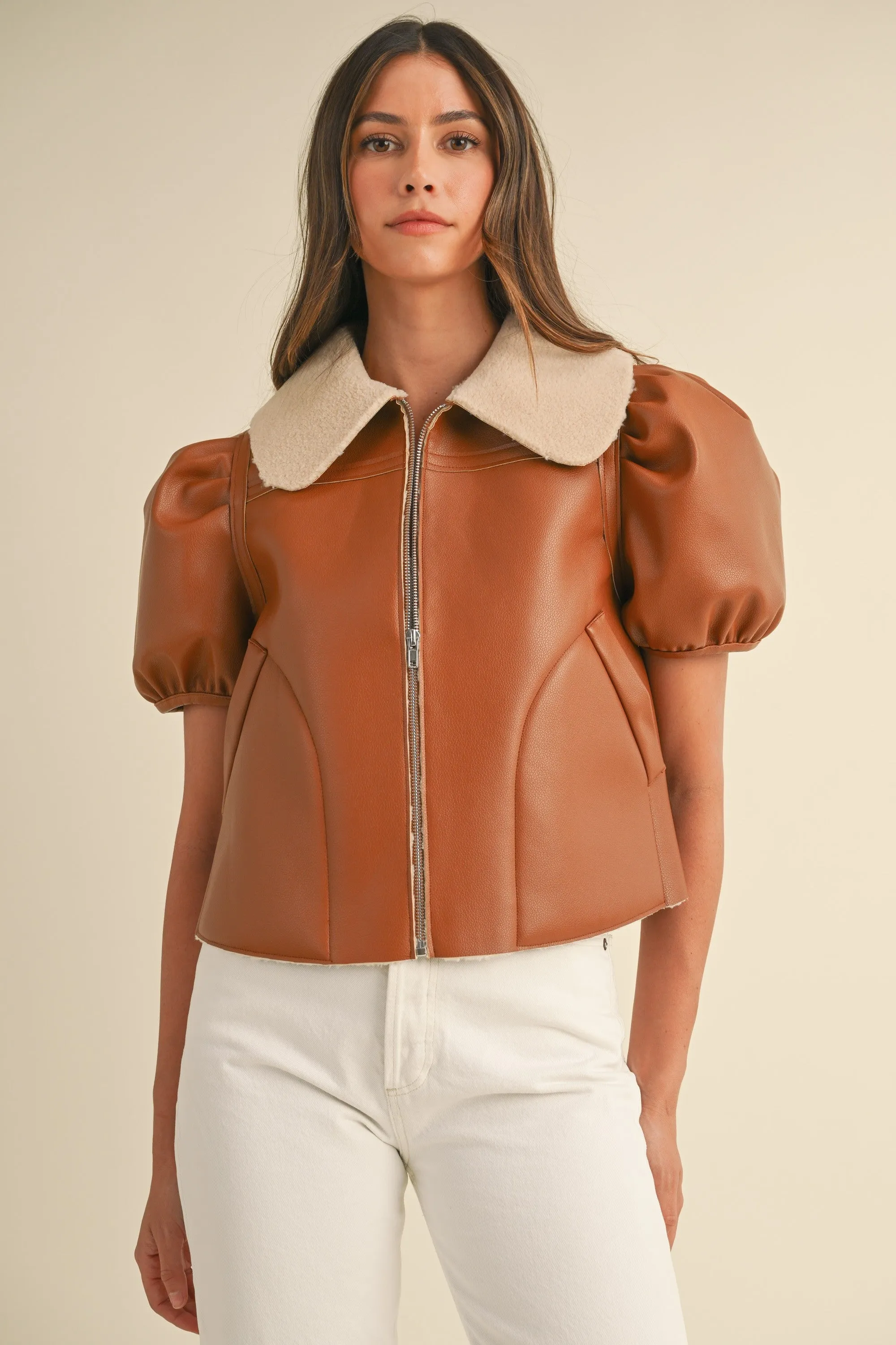 NEWEST ARRIVAL Camel Pleather Short Puff Sleeve Jacket